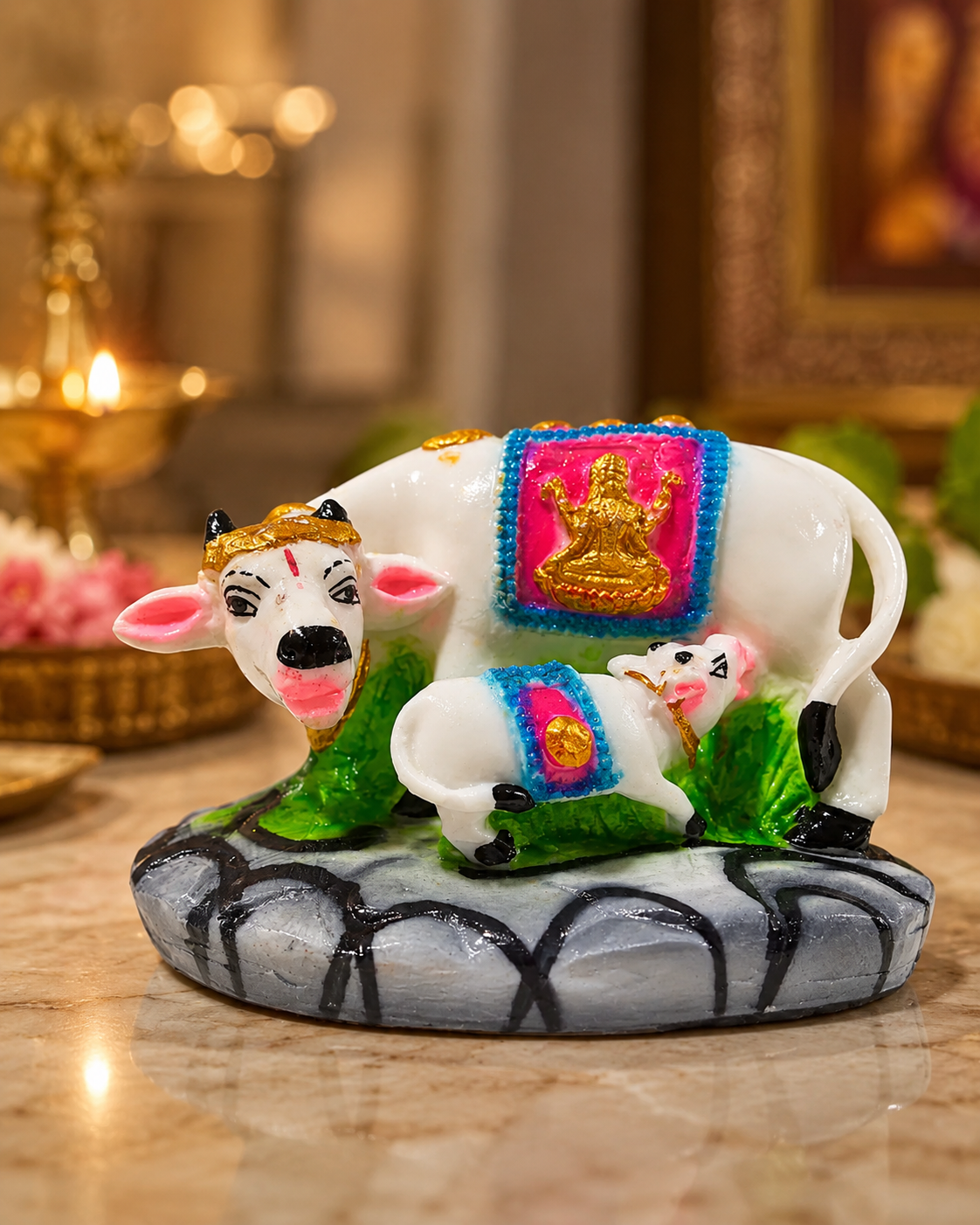 Sacred Kamdhenu cow with calf design