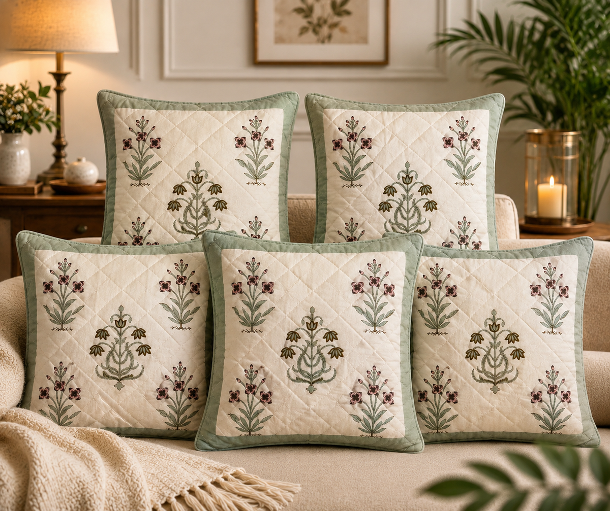Sage Green Quilted Floral Cushion Cover Set