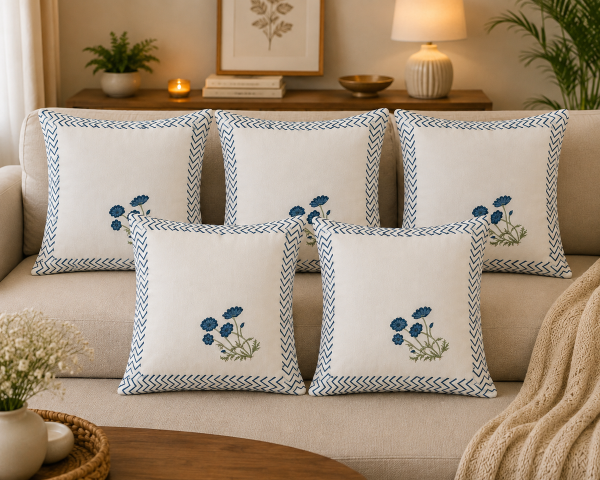 Blue Floral Cotton Cushion Cover Set