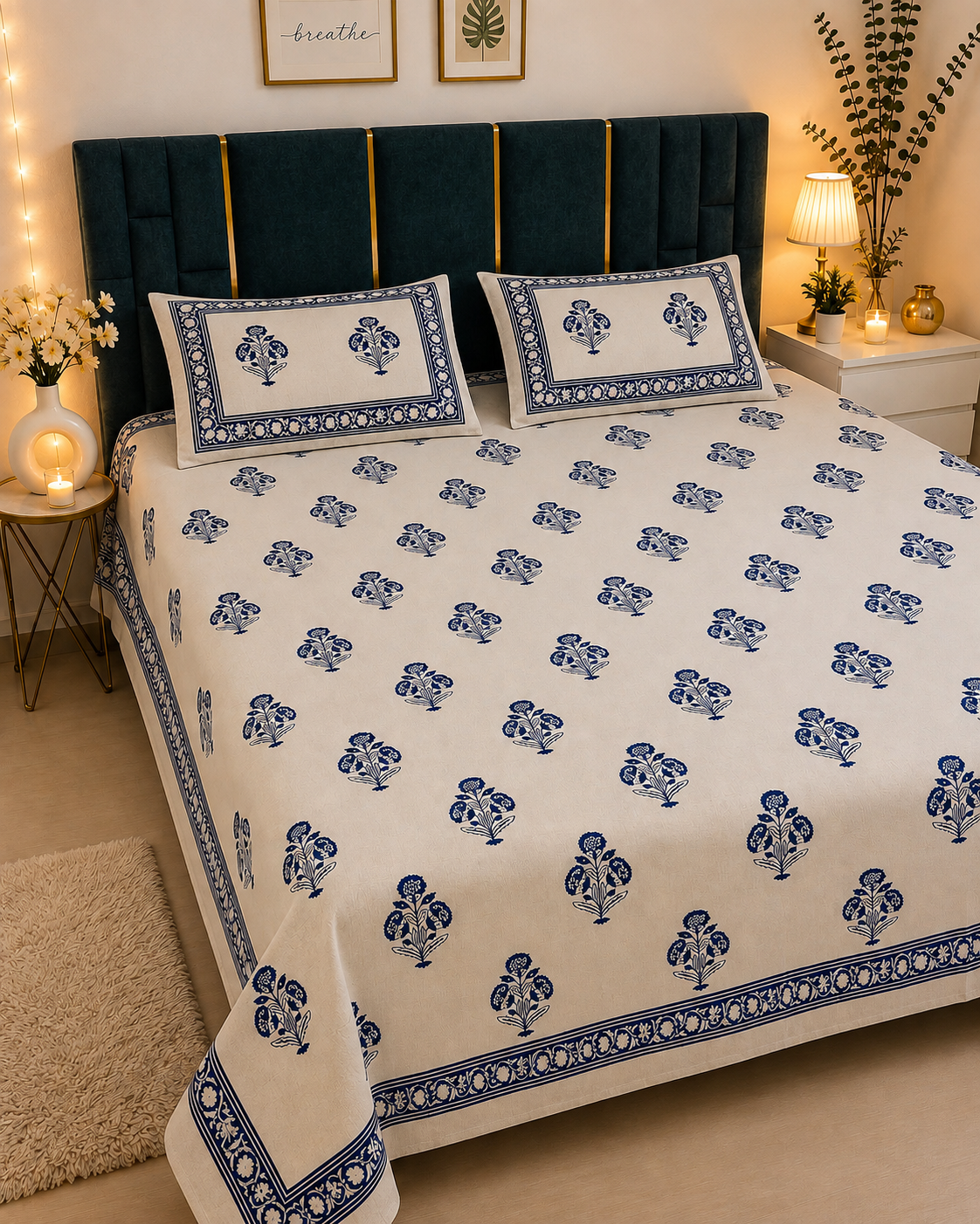Blue Printed Khadi Bedsheet
