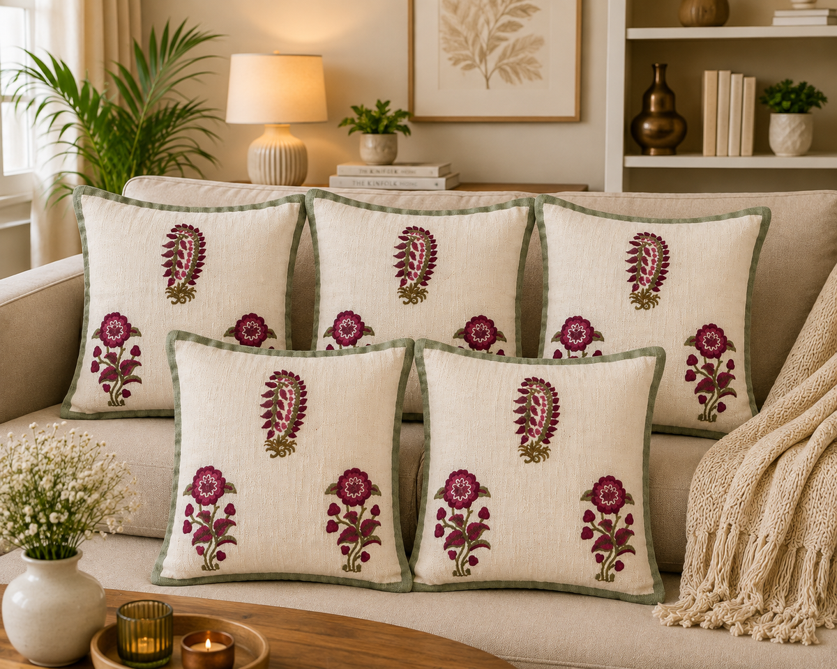 Burgundy Floral Block Print Cushion Cover Set