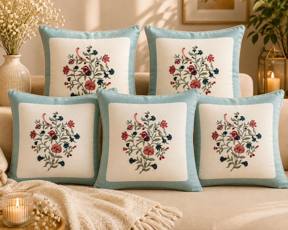 Turquoise Quilted Floral Print Cushion Cover Set