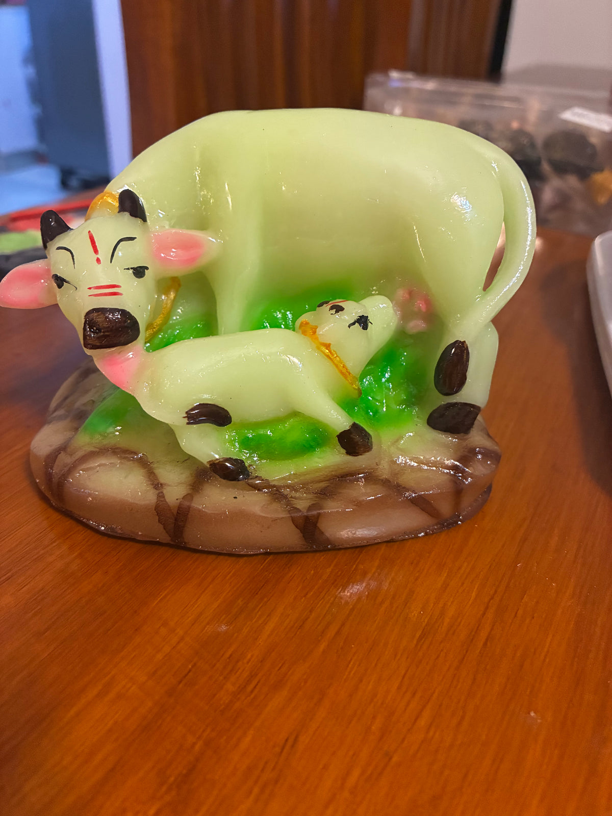 Green Kamdhenu cow and calf Idol