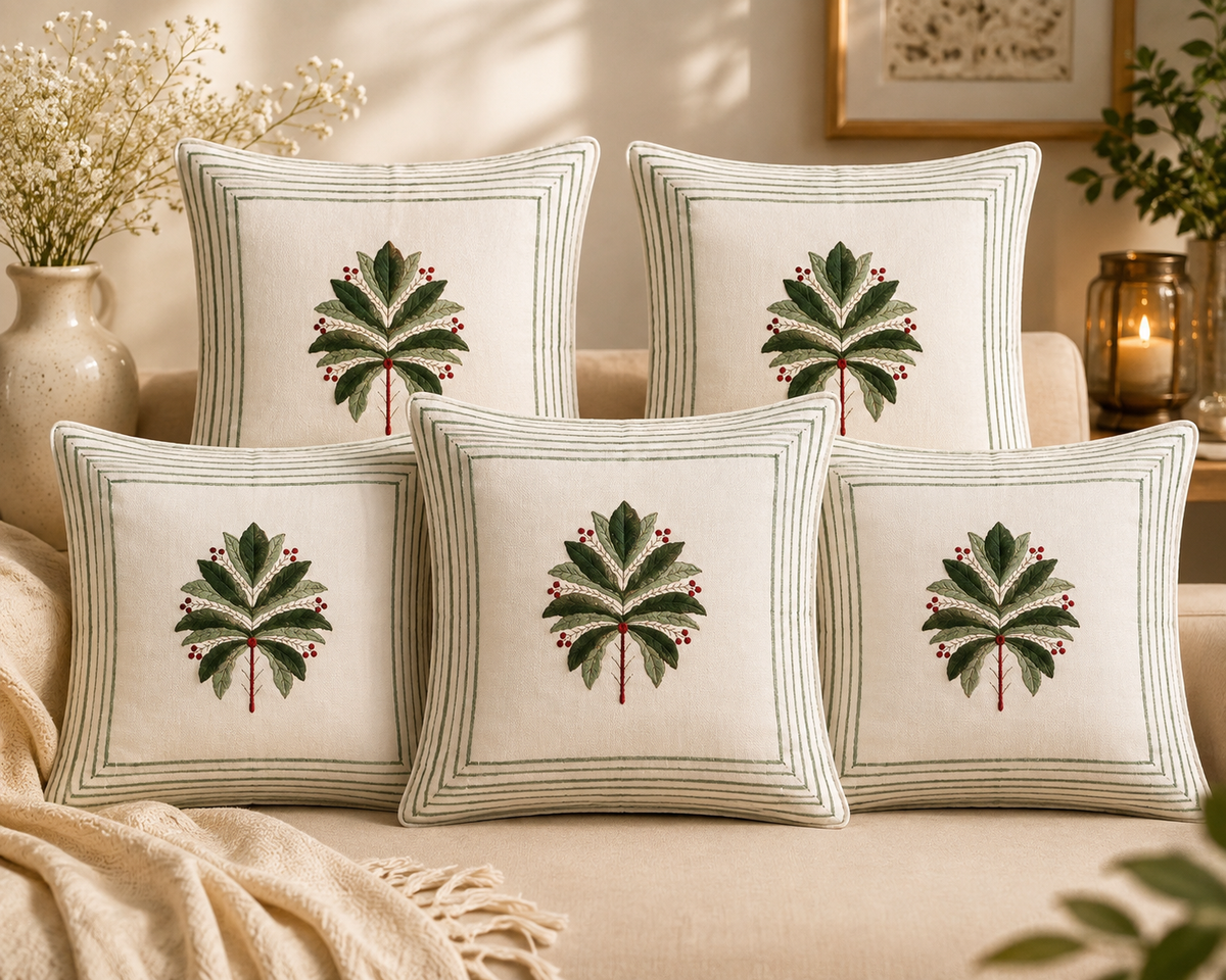 Green Leaf Handcrafted Cushion Cover Set of 5