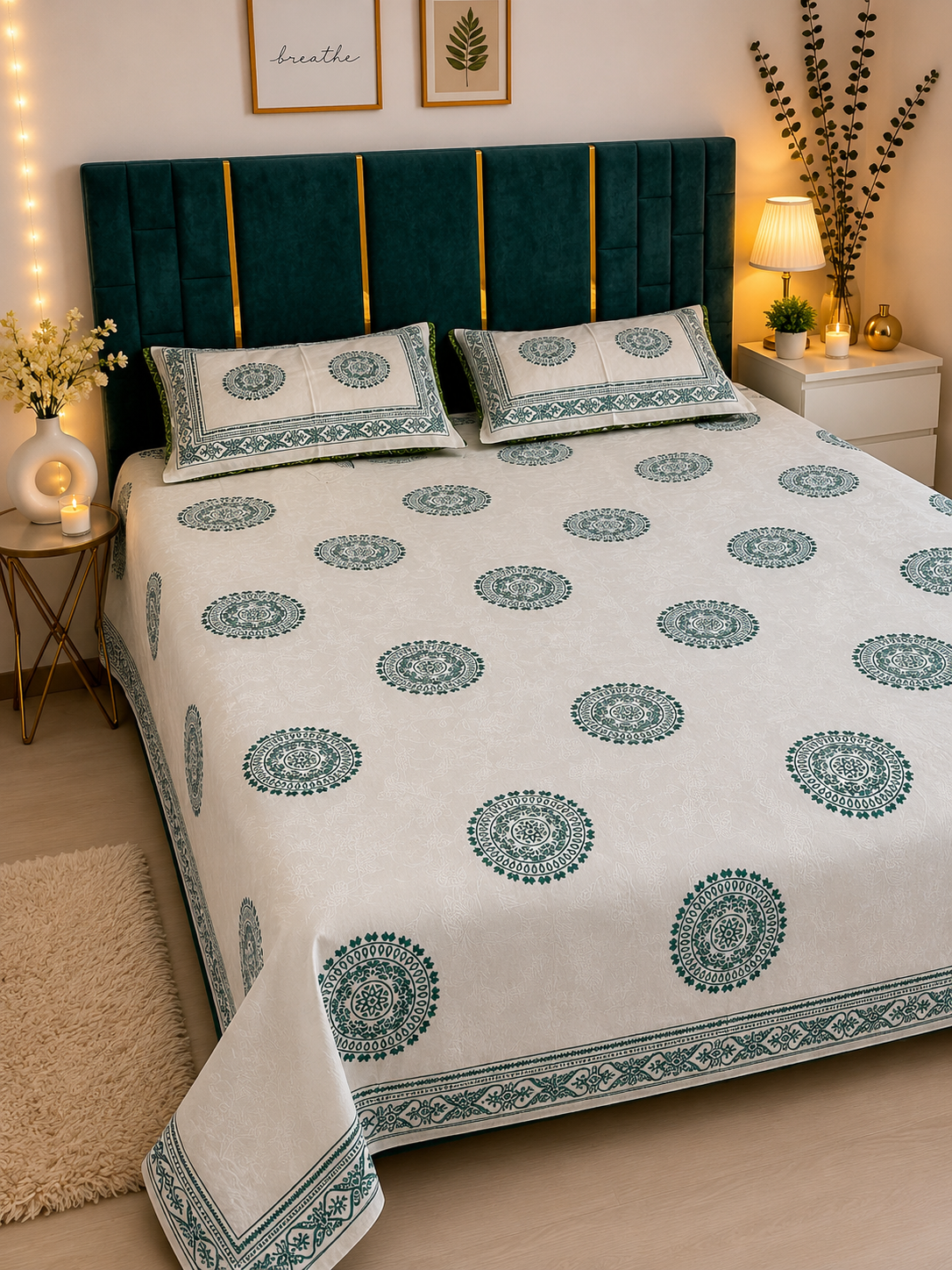 Green & White Khadi Bedsheet
