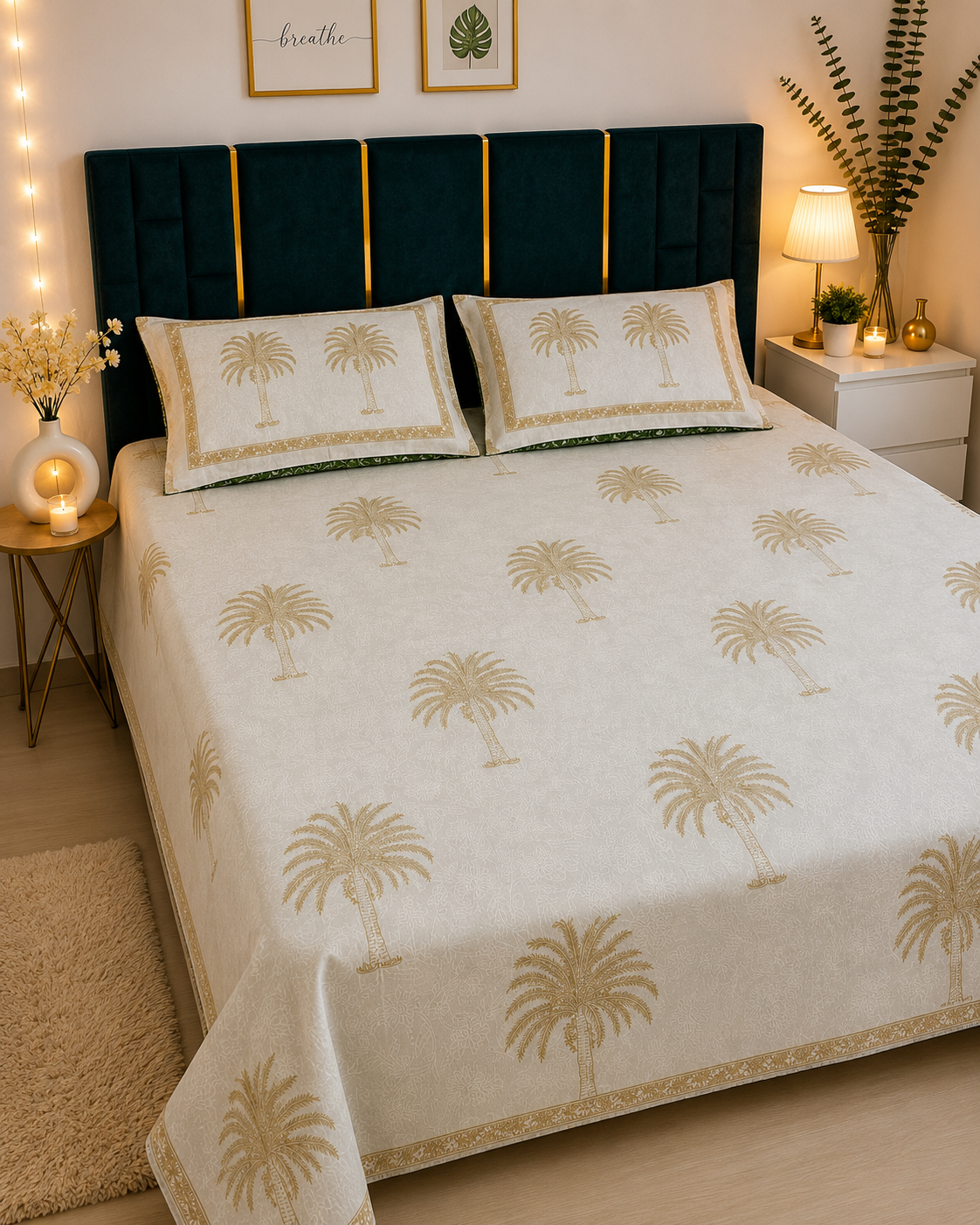 Ivory Palm Printed Khadi Bedsheet
