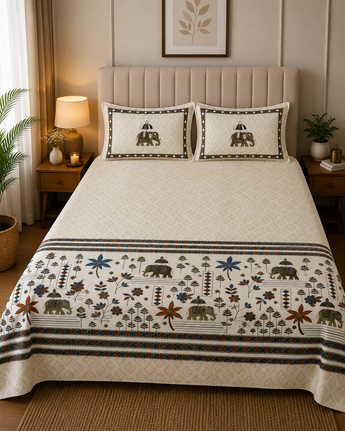 King Size Traditional Elephant and Floral printed Bedsheet set