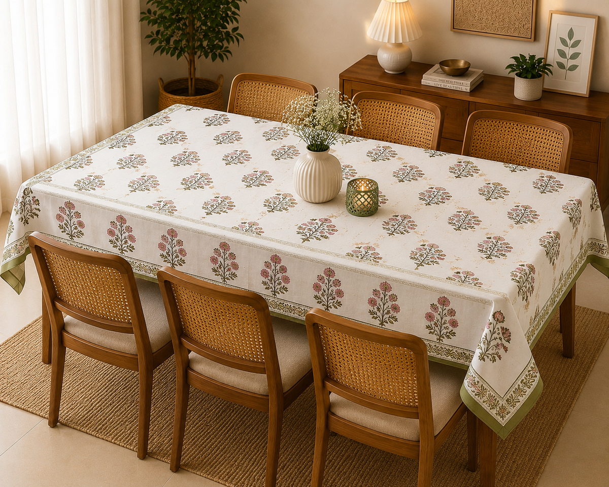 Olive Green Floral Printed Table Cloth