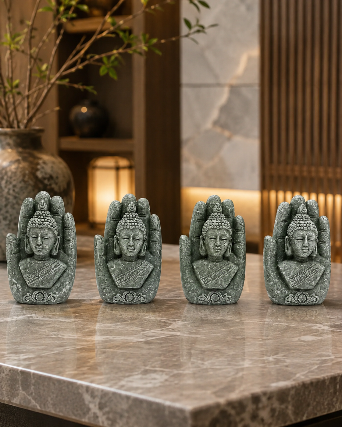 4 Buddha hand figurines