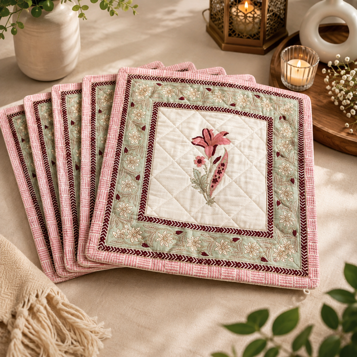 Pink Floral Quilted Cushion Cover