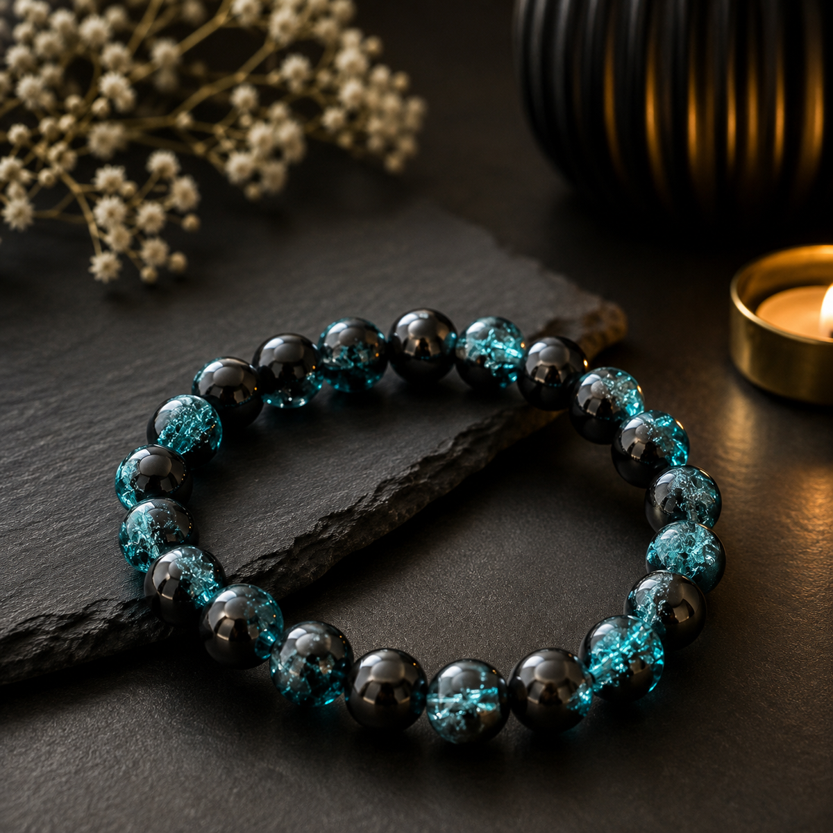 Black and Aqua Blue Beaded Bracelet