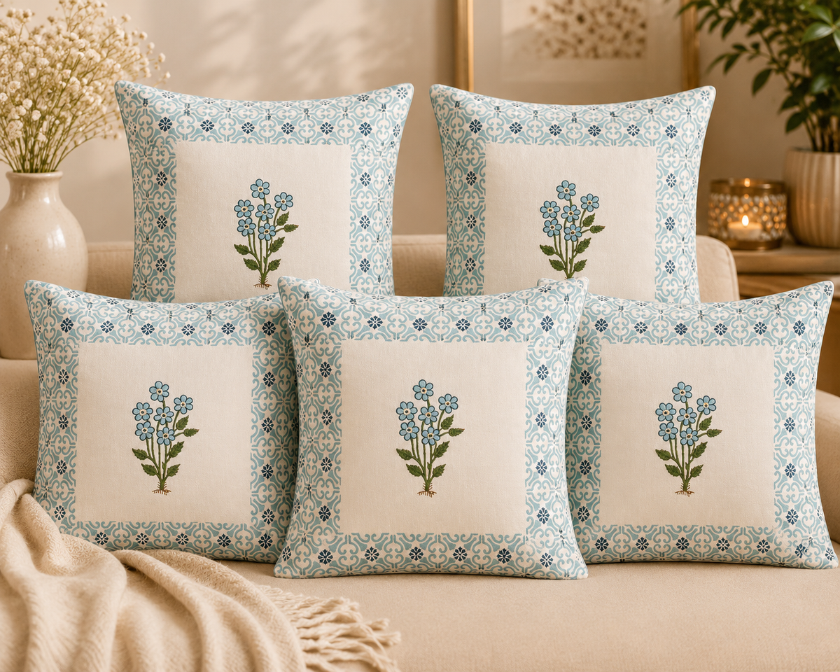 Blue Floral Decorative Cushion Cover Set