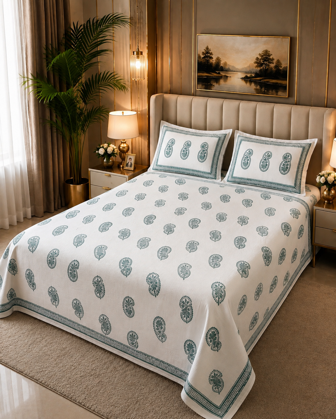 Green Floral Printed Khadi Bedsheet