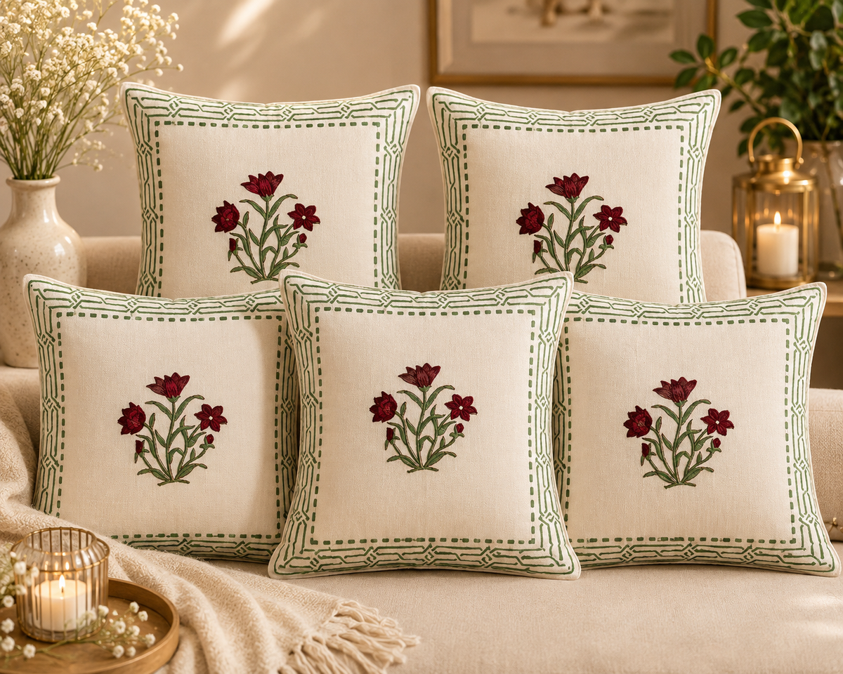 Hand Block Printed Floaral Cushion Cover Set of 5