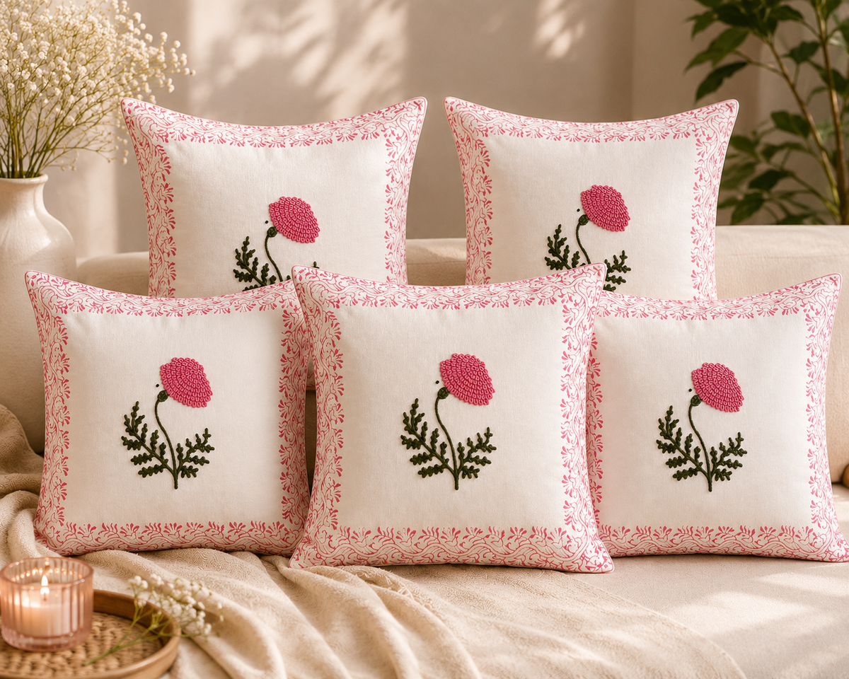 Pink Floral Embroidered Cushion Cover Set of 5