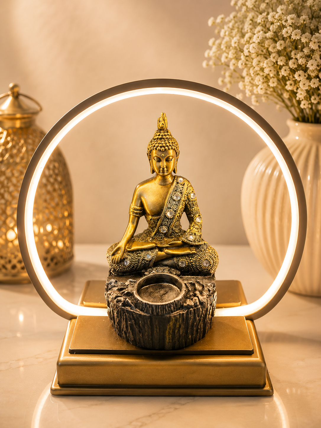 Serenity Buddha tea light Holder with Lighting Halo Frame